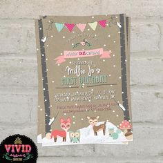 an image of a first birthday party with deers and foxes on it's card