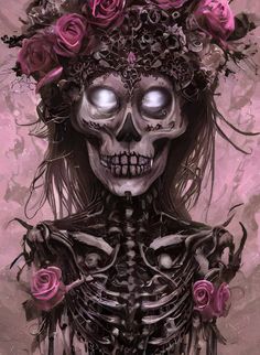 a skeleton with flowers in her hair