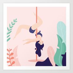 a woman hanging upside down on a pole with plants and leaves in the background art print