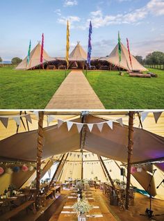 the inside and outside of a large tent with tables set up for an outdoor event