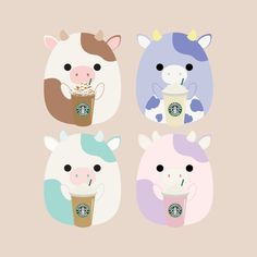 four cute animals with starbucks drinks on their faces, each holding a drink in its hand