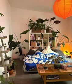 a living room filled with lots of plants next to a bookshelf full of books