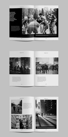 an open book with black and white photos on the pages, showing people walking in different directions