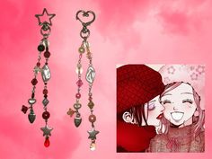 two earrings are hanging from hooks on a pink background and an image of a woman wearing a red hat