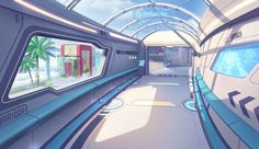 the interior of a futuristic looking train with palm trees and blue sky in the background