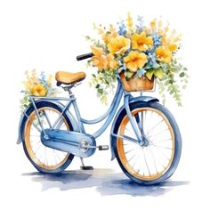 a watercolor painting of a blue bicycle with yellow flowers in the basket on it