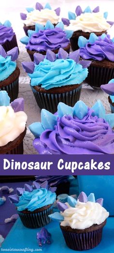 there are many cupcakes with blue and purple frosting