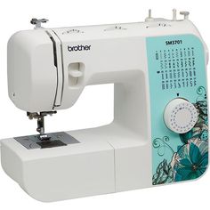 the brother sewing machine is white and has purple designs on it's front side