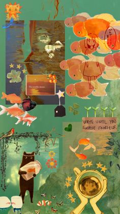 a collage of various pictures with animals and plants on them, including fish, trees, clouds, water, and other things