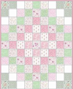 a pink and green patchwork quilt with flowers on the border, in pastel colors