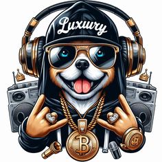 a dog wearing headphones and holding a pair of headphones with the word luxury on it