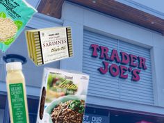 trader joe's and other food items are on display in front of the store