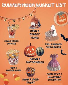 halloween bucket list with pumpkins, candy and other things to do for the holiday