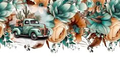 an old truck with flowers and cactus in the back is surrounded by blue, orange and white flowers