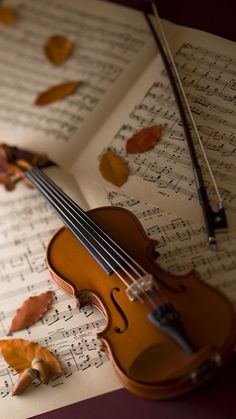 a violin laying on top of sheet music with leaves falling from it's back