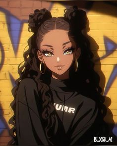 an anime character with long black hair and big hoop earrings, standing in front of a graffiti wall