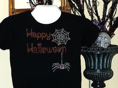 Happy Halloween Spider & Web Rhinestone T-Shirt Trick or Treat, Fall women/misses/plus Halloween Spider Web, Halloween Spider, Fall Design, Candy Corn, Spider Web, Halloween Tshirts, Jack O Lantern