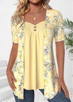 Color:Light Yellow;Size:1X;Size:2X;Size:3X;Package Contents:1 X T Shirt;Occasion:Other;Style:Casual; Plants Print, Womens Dress Suits, Plus Size Coats, Yellow T Shirt, Printing Design, Elegant Blouses, Print Placement, Floral Print Blouses, Elegant Floral