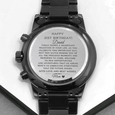 a watch with the words happy 21st birthday on it