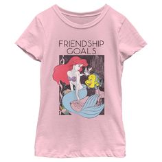 Next time you head down under the sea with Ariel and her friends, be sure to be dressed your best with an officially licensed Disney The Little Mermaid Ariel and Flounder Friendship Goals Girls' Graphic T-Shirt! This tee features Ariel, Sebastian, and Flounder in a distressed style graphic along with the phrase: "Friendship Goals" in black lettering above them. All of your favorite characters are here to help add some magic to your day with a fun The Little Mermaid design! Sebastian And Flounder, Ariel Sebastian, Mermaid Shorts, Ariel And Flounder, Pink Floyd Graphic, The Little Mermaid Ariel, Mermaid Design, Disney The Little Mermaid, Little Mermaid Ariel