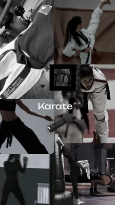 the collage shows people doing different things in black and white, including karates