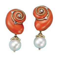 18k Gold Salmon Coral Pearl and Diamond Earrings | Pearl | Earrings | Jewelry | ScullyandScully.com 18k Gold Earrings, Luxury Earrings, Pearl And Diamond Earrings, Coral Earrings, Coral Jewelry, Earrings Pearl, Yellow Gold Earring, Pearl Diamond, Coral Turquoise