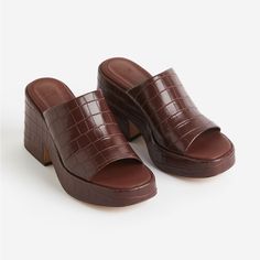 Super Cute And Versatile Crocodile Print Brown Platform Mules, Open Toe. Nwt, I Just Own A Similar Pair Already. Slightly Padded Footbed. Any Questions Just Ask! H&m Heels, Brown Platform Sandals, Sandals Chunky, Shoes Fall, Chunky Heel Sandals, H&m Shoes, Platform Mules, Chunky Sandals, Platform Heels Chunky