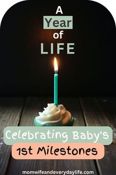 a cupcake with a lit candle on it and the words celebrating baby's 1st milestone