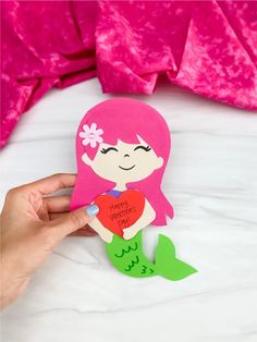 Mermaid Valentines Day Craft For Kids [Free Template] Paper Mermaid, Valentines Day Craft, Valentine Card Crafts, Craft Instructions For Kids, Happy Birthday Cards Handmade, Kids Craft Supplies, Valentine Craft, Diy Valentines Cards