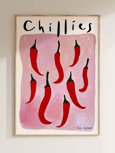 a painting hanging on the wall with chili peppers painted on it's back side