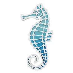 a blue and white seahorse sticker on a white background with the shape of a sea horse