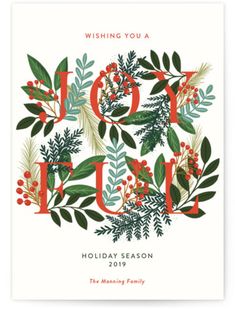 a holiday card with the word joy on it and holly branches in red, green and white