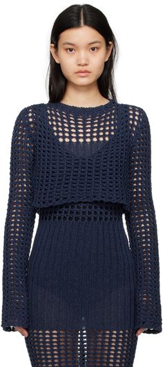 Crocheted cotton-blend sweater. · Scoop neck · Cropped hem · Low back Supplier color: Navy Hollow Out Crochet Sweater Outfit, Fast Crochet Ideas, Backless Knitted Sweater, Navy Blue Crochet Sweater, Navy Crochet Top, Fitted Open Knit Cropped Sweater, Fitted Crochet Top With Hollow Out Details, Crotchet Crop Top, Crochet Circle Jacket