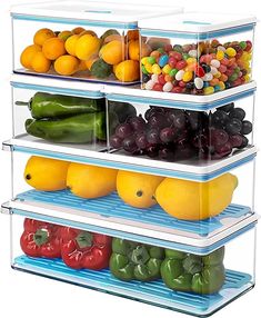 three shelves filled with different types of fruits and vegetables on top of each other,