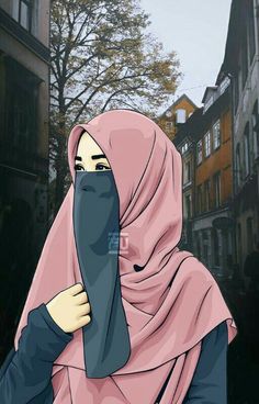 a woman in a pink hijab walking down the street with her hand on her face