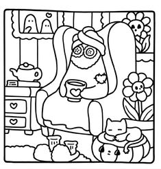 a black and white drawing of a woman sitting in a chair with two cats on her lap