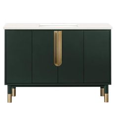 a green cabinet with gold handles and a white sink in front of the cabinet is shown