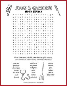 the word search for jobs and career is shown in this printable worksheet