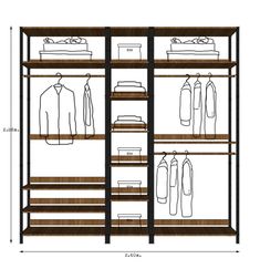 a closet with shelves and clothes hanging on the wall, measurements for each shelf in front of it