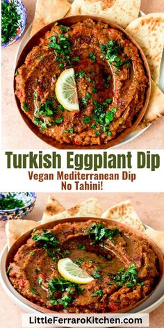 two plates filled with different types of food and the words, turkish eggplant dip vegan mediterranean dip no tahitii