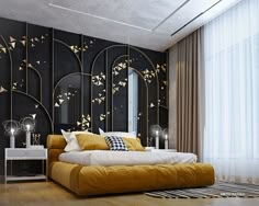 a bedroom with black walls and gold accents