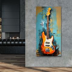 a painting on the wall of a living room with a guitar in front of it