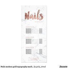 the nail salon menu is shown on a white and pink marble background with copper foil lettering