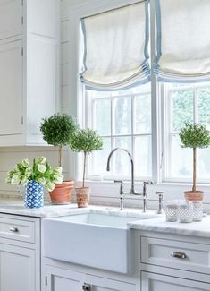 a kitchen with white cabinets and countertops has potted plants on the window sill