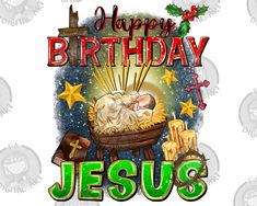 a happy birthday jesus card with a baby jesus in a manger surrounded by stars