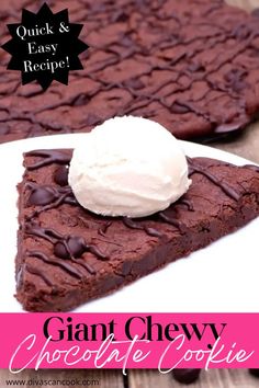 a slice of chocolate cheesecake with ice cream on top and the title overlay reads, quick & easy recipe