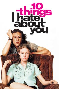 the movie poster for 10 things i hate about you is shown with two people sitting on a chair