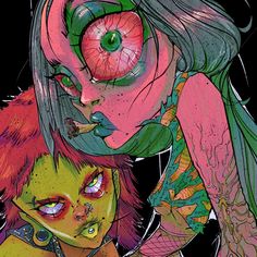 two women with green eyes and pink hair are looking at each other while one looks down