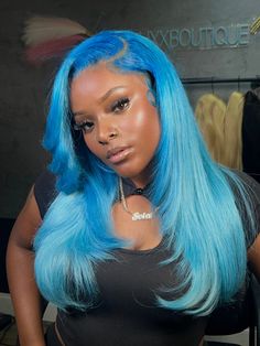 ***** ALLOW 4-5 DAYS FOR PACKAGE DEAL OR PICKUP OPTION!! ** *******ALLOW 6-8 DAYS TO RECEIVE FOR SHIPPING**** HD 13 x 4 Blonde straight frontal wig with custom blue coloring All sales are final, no refunds or exchanges Blue Lace Wig, Coloured Wigs, Brazilian Weave, Vanity Art, Creative Hair Color, Curly Weaves, Wig Styling, Creative Hair, Blue Wig