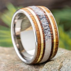 Gold and Antler Wedding Band with Wood Inlays Antler Wedding Band, Antler Wedding, Wood Wedding Band, Antler Ring, Koa Wood, Titanium Ring, Wood Wedding, Wedding In The Woods, Titanium Rings